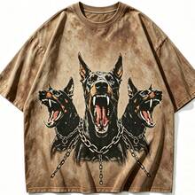 2026 New Arrival Summer Unisex Cerberus Doberman Graphic T-Shirt,Sleeve Tee, Gothic Three-Headed Dog Print Oversized Top For Streetwear - 卡其色 - 查看 11