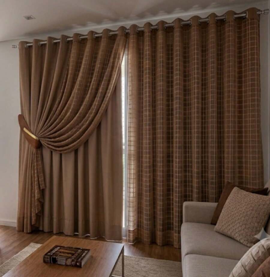 Checkered Voile Curtain With Microfiber Lining 4.00m Decoration - 榛子 - 查看 1