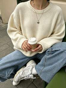 女款圓領針織毛衣，寬鬆落肩長袖羅紋下擺柔軟面料秋季休閒大廓型套頭衫 - 杏色 - 查看 1