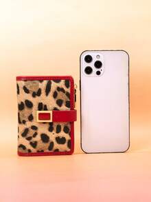 Women's Short Colorblock Patchwork Wallet, Fashionable Leopard & Tree Pattern Multifunctional ID Holder, Exquisite Fashion Snap Closure Large Capacity Zipper Card Holder Coin Purse, Lightweight & Convenient For Young Students, Suitable As Holiday Gift - Red - View 8