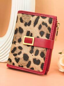 Women's Short Colorblock Patchwork Wallet, Fashionable Leopard & Tree Pattern Multifunctional ID Holder, Exquisite Fashion Snap Closure Large Capacity Zipper Card Holder Coin Purse, Lightweight & Convenient For Young Students, Suitable As Holiday Gift - Red - View 2