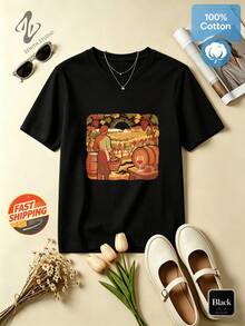 Golden Vineyard Harvest Impressionist Resort Cotton Apparel For Spring And Summer Travel And Holidays - 黑色 - 查看 1