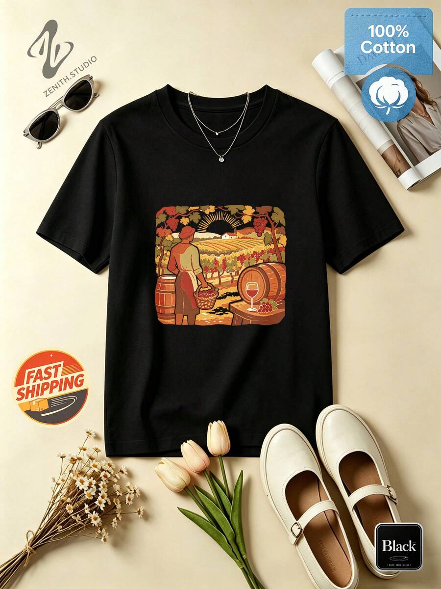 Golden Vineyard Harvest Impressionist Resort Cotton Apparel For Spring And Summer Travel And Holidays - 黑色 - 查看 1