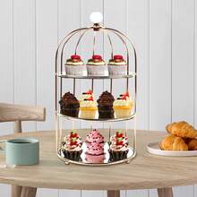 OUKANING Gold 3-Tier Birdcage Makeup Organizer Tray, Iron Crystal Half Open Cosmetic Jewelry Storage Display Rack For Dresser Tabletop Decor - Gold - View 11