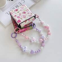 1PC, Gold Foil Outline Embroidered Ball Flower Leaf Print, White Background Pink Strawberry Floral Dual Pattern, Pink Purple Contrast Fresh Color Scheme, Side Dual Ring Buckle Design, Matching Same Color Cloud Star Heart Cartoon Beaded Hand Strap, Dual Color Plastic Connector Ring Accessory, Suitable For Samsung Galaxy Z Flip8, Galaxy Z Flip7, Galaxy Z Flip7FE, Galaxy Z Flip6, Galaxy Z Flip5 - Multicolor - View 5