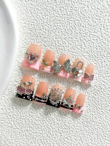 10件組韓式軟質手工穿戴甲，Polygel美甲套組，蝴蝶結粉色指甲油，甜酷女孩風，附美甲工具，3種尺寸可選，杏仁形、鴨嘴形、棺材形，適合派對、跳舞、日常配戴 - 彩色 - 查看 19