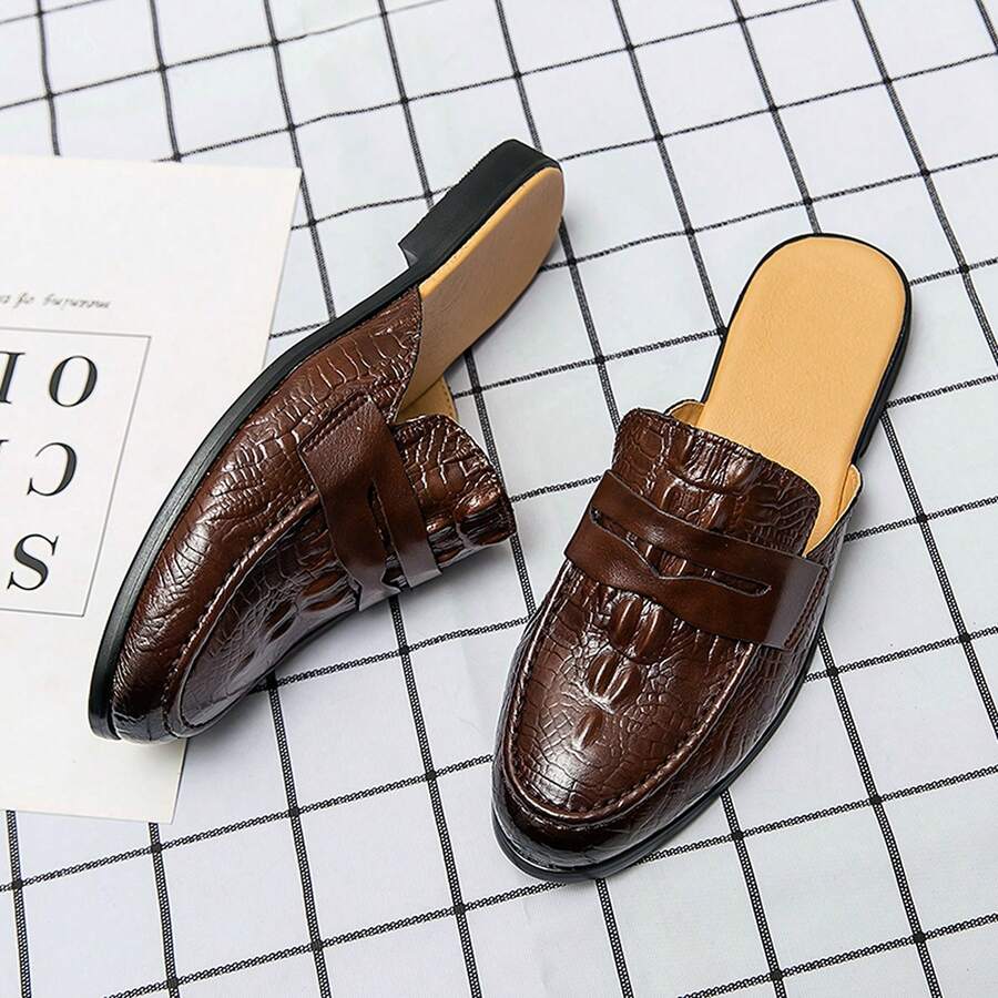 Brown Crocodile Embossed Penny Mule Loafers Men's Backless Slip-On Shoes Party Versatile Casual Men's Shoes - Brown - View 1