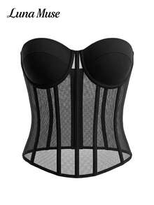 Luna Muse Damen Frühling/Sommer neues schwarzes Mesh transparentes Bandeau Bustier Top, Palaststil figurbetontes Korsett mit Fischgräten-Design, Y2K sexy auffälliges trägerloses Crop Top, cooler raffinierter Vibe, geeignet für Alltag, Lässig, Party, Urlaub, Date, Straße, Performance, Show, Outdoor, Schulanfang, Punk-Stil, Thanksgiving, Musikfestival, Halloween, Weihnachten, Valentinstag, Neujahr, Party-Outfits - Schwarz - Übersicht 6
