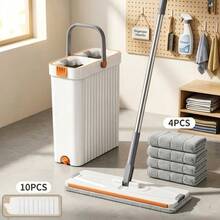 Mop And Bucket Set With Wringer For Home, 360° Flat Squeeze Mop With Long Handle And 6 Microfiber Cloths For Floor Cleaning ,10 Pairs Of Cleaning Gloves(White, Slim Bucket And 15.7'' Aluminum Alloy Mop Head) - 白色 - 查看 12