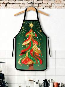 2Pcs Abstract Christmas Tree Kitchen Apron Set, Red & Green Background Artistic Stylized Xmas Tree Print Waterproof Adjustable Bib Aprons, Festive Holiday Cooking Baking Aprons, Cute Christmas Gift For Home Kitchen Decor - Multicolor - View 4
