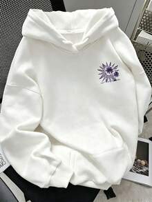 Women's Loose-Fit Drop-Shoulder Hoodie,With Lobster Print,Suitable For Autumn Wear. - White 2 - View 3