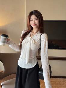 Women's New Long Sleeve Base Layer Top, Early Autumn Unique White T-Shirt, Niche Design Blouse - White - View 1
