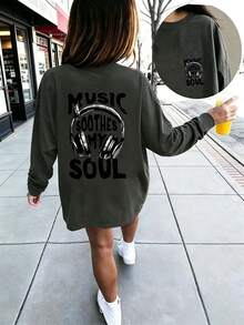 Tween Girl Graphic Print Round Neck Long Sleeve T-Shirt, Autumn/Winter Top - Dark Grey - View 2
