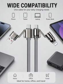 4合1多功能充電線，USB-A/USB-C輸入轉USB-C/Lightning輸出，最高240W USB-C轉USB-C快充，柔軟矽膠充電線配金屬接頭，適用於手機、平板電腦和筆記本電腦 - 灰色 - 查看 3