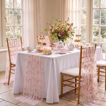5pcs Pink Floral Gauze Table Runner 10ft Embroidery Tulle Spring Wildflower | Table Linen Seasonal Summer Butterfly Kitchen Dining Sheer Fabrics For Wedding Baby Shower Birthday Party Decoration - View 8