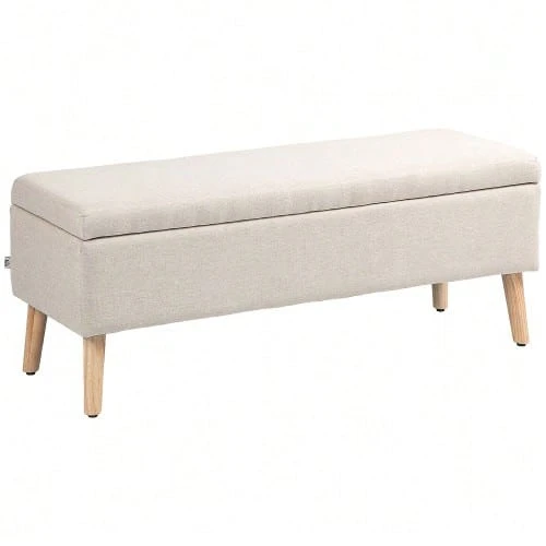 Upholstered Bench With Storage 110 X 39 X 45 Cm In Beige With Linen Look For Hallway, Bedroom, Living Room, Made Of Rubberwood - Beige - View 1
