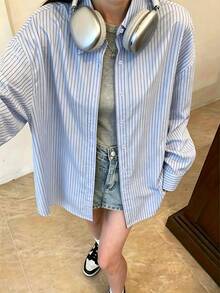 Plus Size Women's Preppy Striped Button-Down Long Sleeve Regular Fit Basic Top - Baby Blue - View 4