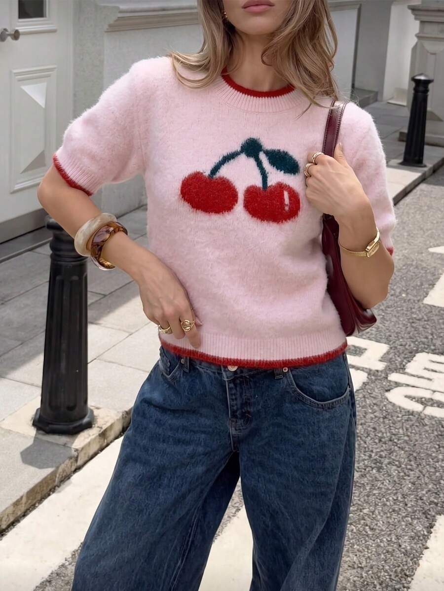 Ahlsen Nova Women Crew Neck Cherry Print Contrast Trim Short Sleeve Fuzzy Knit Cropped Pullover - Baby Pink - View 1