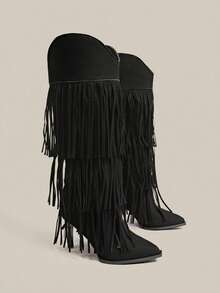 2026 New Women's Boots European And American Tassel Fashion Boots Sexy Tall Boots High Boots - Black - View 4
