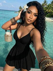AIJ Black V-Neck Spaghetti Strap Mini Dress, Ruched Ruffle High Waist A-Line Bodycon Dress, Women's Party Back To School Casual Outing Elegant Style - Black - View 2