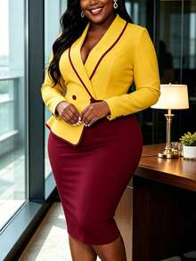 AOMEI Plus Size Elegant Office Women's Yellow And Burgundy Color Block Lapel Tie Dress, Suitable For Graduation, Back To School, And Church - Burgundy - View 2
