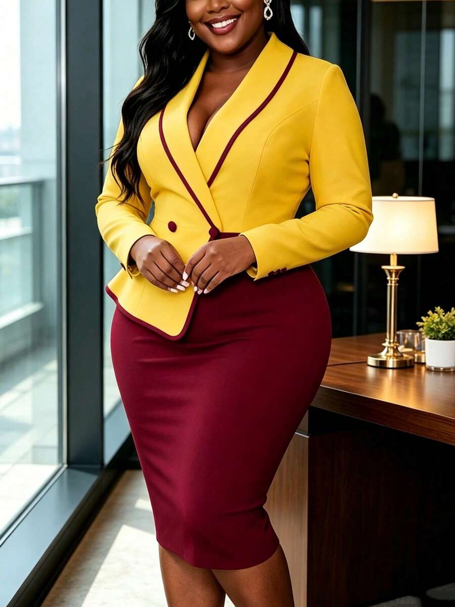 AOMEI Plus Size Elegant Office Women's Yellow And Burgundy Color Block Lapel Tie Dress, Suitable For Graduation, Back To School, And Church