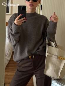 VIBEWAVE Gray Half-High Neck Dropped Shoulder Loose Lazy Pullover Knit Sweater Women Autumn/Winter European And American Minimalist Style Office Commute Versatile Soft Long Sleeve Top - Grey - View 1