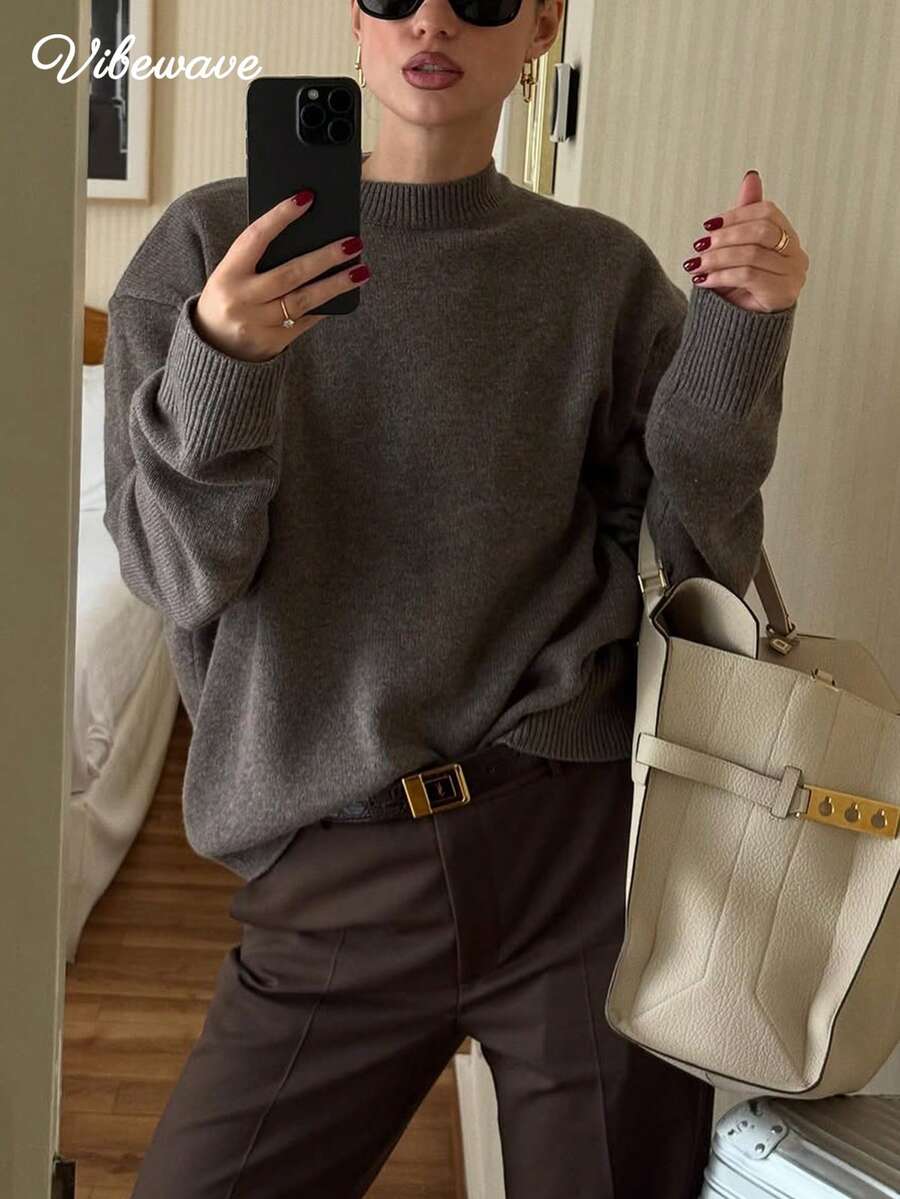 VIBEWAVE Gray Half-High Neck Dropped Shoulder Loose Lazy Pullover Knit Sweater Women Autumn/Winter European And American Minimalist Style Office Commute Versatile Soft Long Sleeve Top - Grey - View 1
