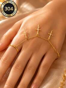 ZCNC 304 Stainless Steel 18K Gold Plated Cross Chain Ring Set, Women's Style, Minimalist Luxury Plain Band Ring Set, Hypoallergenic, Fashion Jewelry, Perfect Christmas Gift, Travel & Vacation Accessory - Gold - View 5