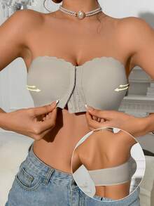 1pc Grey Front-Closure Scoop Neck Wireless Bra, Upgraded Wide Silicone Non-Slip Trim, Soft Comfortable Lining, Seamless Ladies Underwear - Grey - View 8