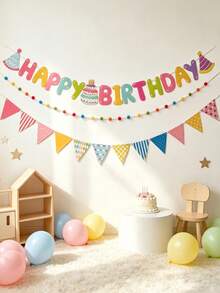 3pcs/1set Birthday Bunting, Triangle Flags, Cake, Pom Poms First Birthday Atmosphere Scene Decoration, Suitable For Birthday Party Bunting Banner, Theme Party - Raise the Flag - View 3