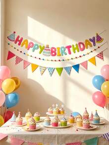 3pcs/1set Birthday Bunting, Triangle Flags, Cake, Pom Poms First Birthday Atmosphere Scene Decoration, Suitable For Birthday Party Bunting Banner, Theme Party - Raise the Flag - View 4