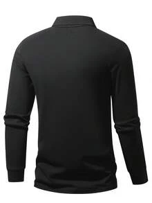 Men's Spring/Autumn Daily Commute Fashion Casual Solid Color Minimalist Long Sleeve Polo Shirt - Black - View 3