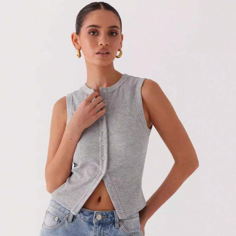 Summer New Knitted Simple Slim Sleeveless Solid Color Undershirt Undershirt Women - 灰色 - 查看 1