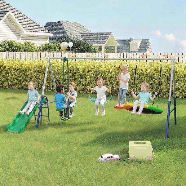 QABA 5-In-1 Swing Sets For Backyard, 770lbs Capacity Metal Outdoor Playset With A-Frame, Slide, Saucer Swing, Belt Swing, Glider And Standing Swing, Adjustable Height, Multicolour