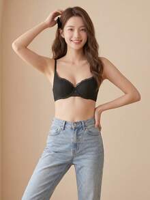 Women's Lace Push-Up Bra, Seamless Wire-Free Bra, Sweet Style Fashion Bra, Polka Dot Bra, Suitable For Small Chest [Flat Chest Dedicated] - Black - View 3