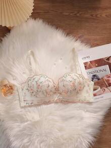Women's Push-Up Lace Bra, Embroidered Bandeau Lingerie For Small Chest, Floral Backless Design, Suitable For Flat Chest [Flat Chest Special] - Champagne - View 6