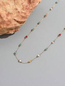 1pc Stainless Steel Minimalist Colorful Bead Thin Necklace, Sweet And Vibrant Women's Neck Jewelry, Suitable For Daily Wear And Date Party, Chain Length Cut By Section, Number Of Sections Not Fixed, Colorful Bead Color Arrangement Is Random - Multicolor - View 3