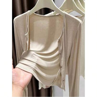 Long Sleeve Button Front Tops, Soft Stretchy Fabric, Lightweight Breathable, Casual Daily Wear, Slim Fit Basic Tees