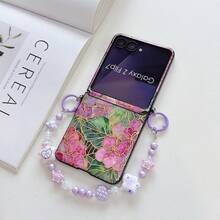 1PC, Gold Foil Outline Embroidered Ball Flower Leaf Print, White Background Pink Strawberry Floral Dual Pattern, Pink Purple Contrast Fresh Color Scheme, Side Dual Ring Buckle Design, Matching Same Color Cloud Star Heart Cartoon Beaded Hand Strap, Dual Color Plastic Connector Ring Accessory, Suitable For Samsung Galaxy Z Flip8, Galaxy Z Flip7, Galaxy Z Flip7FE, Galaxy Z Flip6, Galaxy Z Flip5 - Multicolor - View 14
