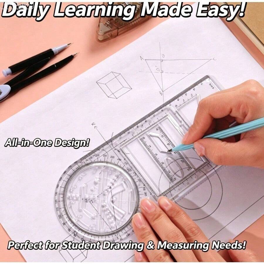 3PC Multifunctional Geometry Drawing Ruler, All In One Math Template With Protractor Kaleidoscope Curve, Transparent Straight Ruler For Middle High School Students - one-size - View 1