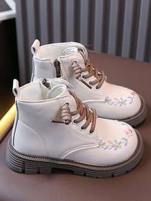 1 Pair Embroidered Bow Princess Boots For Girls, 2026 British Style Lace-Up Side Zipper Leather Boots - Beige - View 4