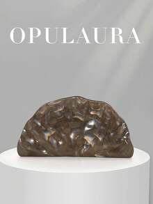 OpulAura 歐美時尚復古貝殼造型休閒紋理金屬色方型手拿包，不對稱設計手提包，磁吸開合，適合派對、婚禮、舞會、晚宴、女性生日派對及舞會聚會 - 咖啡 - 查看 6