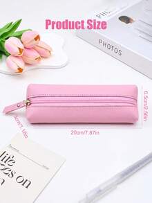 1pc Korean Style Lychee Texture PU Leather Zipper Pencil Case, Macaron Multicolor Large Capacity Minimalist Long Pencil Pouch, Student Desk Stationery Storage Bag, Pencil Holder - Multicolor - View 2