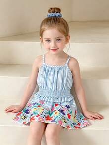 2pcs/Set Young Girl Summer Outfit, 4-7 Years Old, Blue & White Striped Fashion Street Style Heart Ruched Camisole Top & Floral Print Elastic Waist Skirt, Soft Casual Cute Commuting Suitable For Spring/Summer, Gift - Blue - View 2