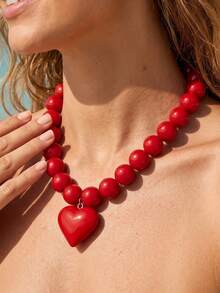 1pc Red Round Bead Heart Pendant Necklace, Gothic Exaggerated Women's French Minimalist Design Collarbone Chain, Daily Dopamine Candy Color - Red - View 3