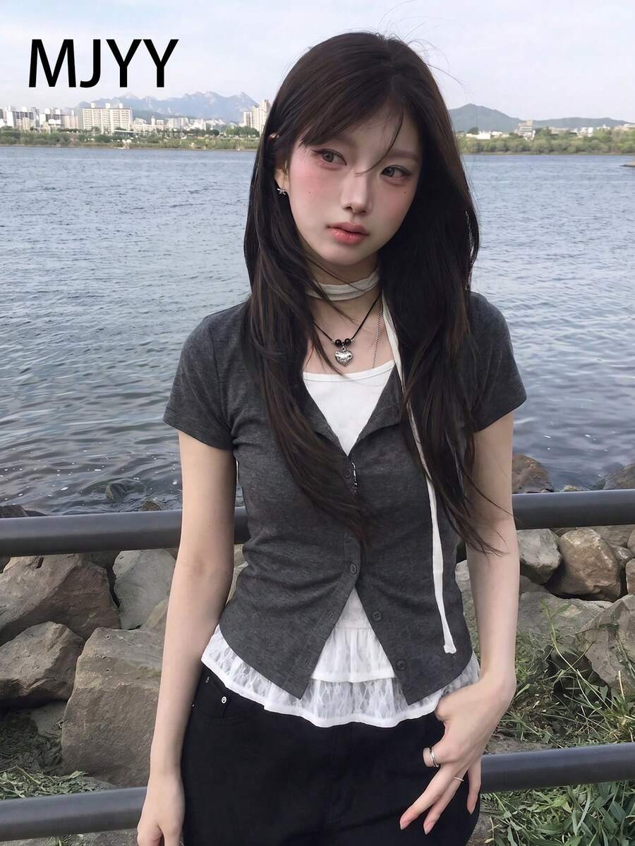 Korean Chic Contrast Color Round Neck 2 In 1 Short Sleeve T-Shirt, Retro College Style Fitted Top Casual Summer - Dark Grey - View 1