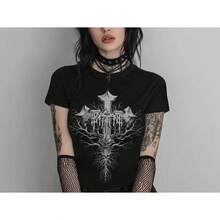 Camiseta ajustada con cruz gótica Y2K, camiseta emo punk grunge, camiseta gráfica gótica pastel de estilo brujo, ropa gótica alternativa, regalo gótico para ella. - Negro - Ver 1