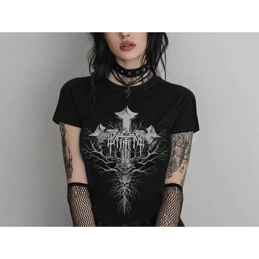 Camiseta ajustada con cruz gótica Y2K, camiseta emo punk grunge, camiseta gráfica gótica pastel de estilo brujo, ropa gótica alternativa, regalo gótico para ella. - Negro - Ver 1