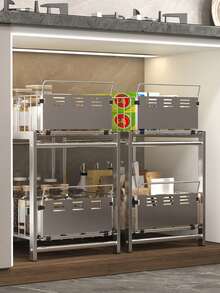 1pc Pull-Out Kitchen Cabinet Drawer, 2-Tier No-Drill Slide-Out Storage Rack, Space-Saving Cabinet Organizer, Suitable For Home Kitchen Use, Slide-Out Shelf For Kitchen Supplies Storage - Grey - View 10